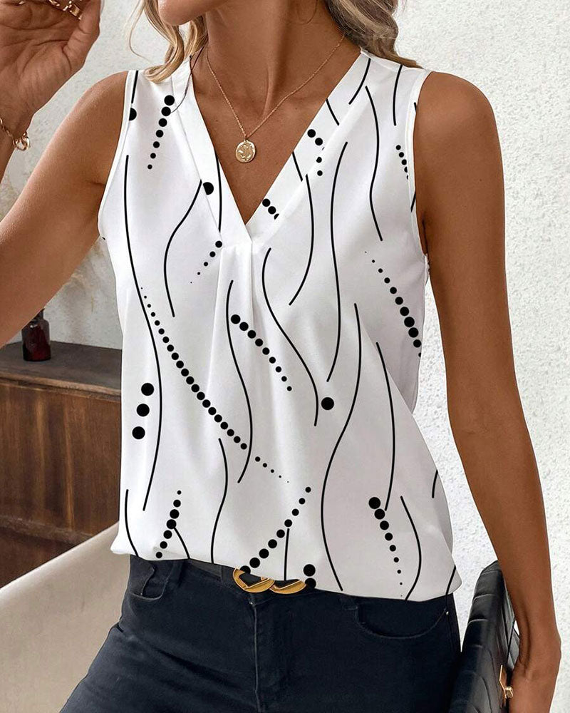 Gilet Scollo a V Senza Maniche Plissettato Stampato