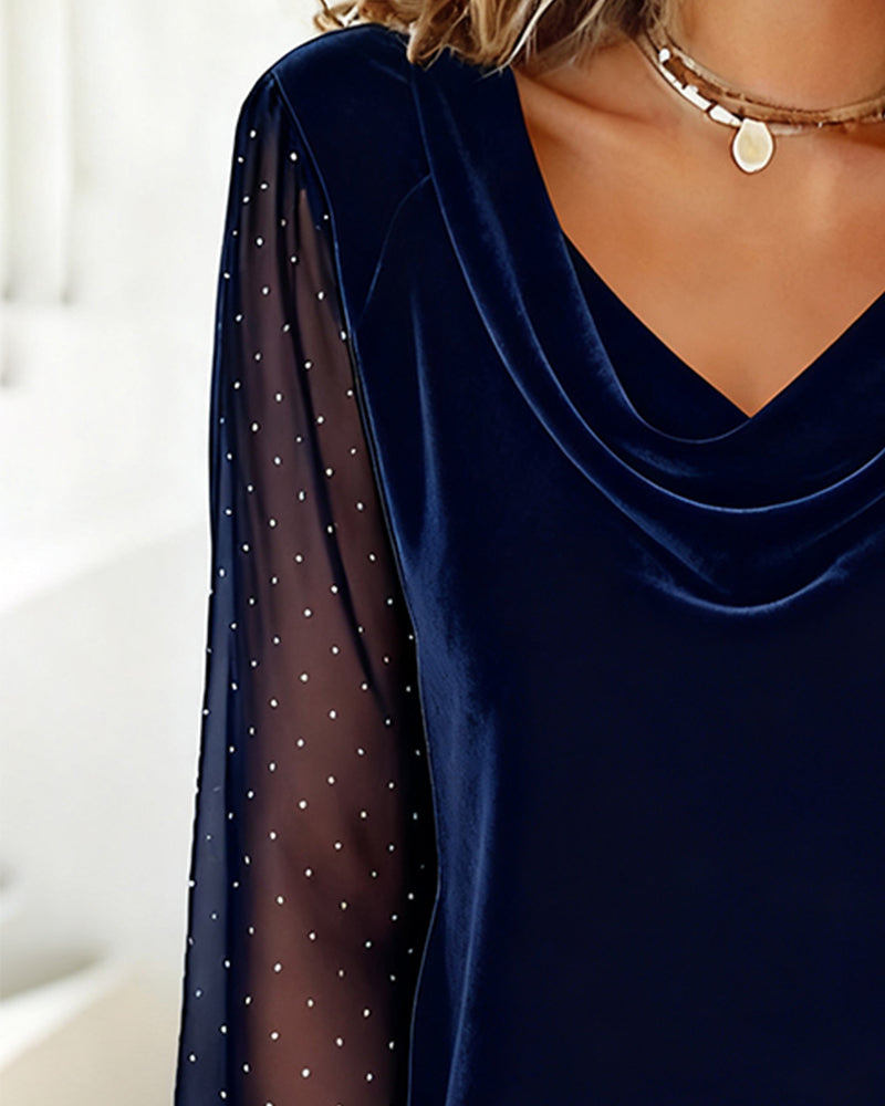 Top con Collo Drappeggiato Patchwork a Maniche Lunghe