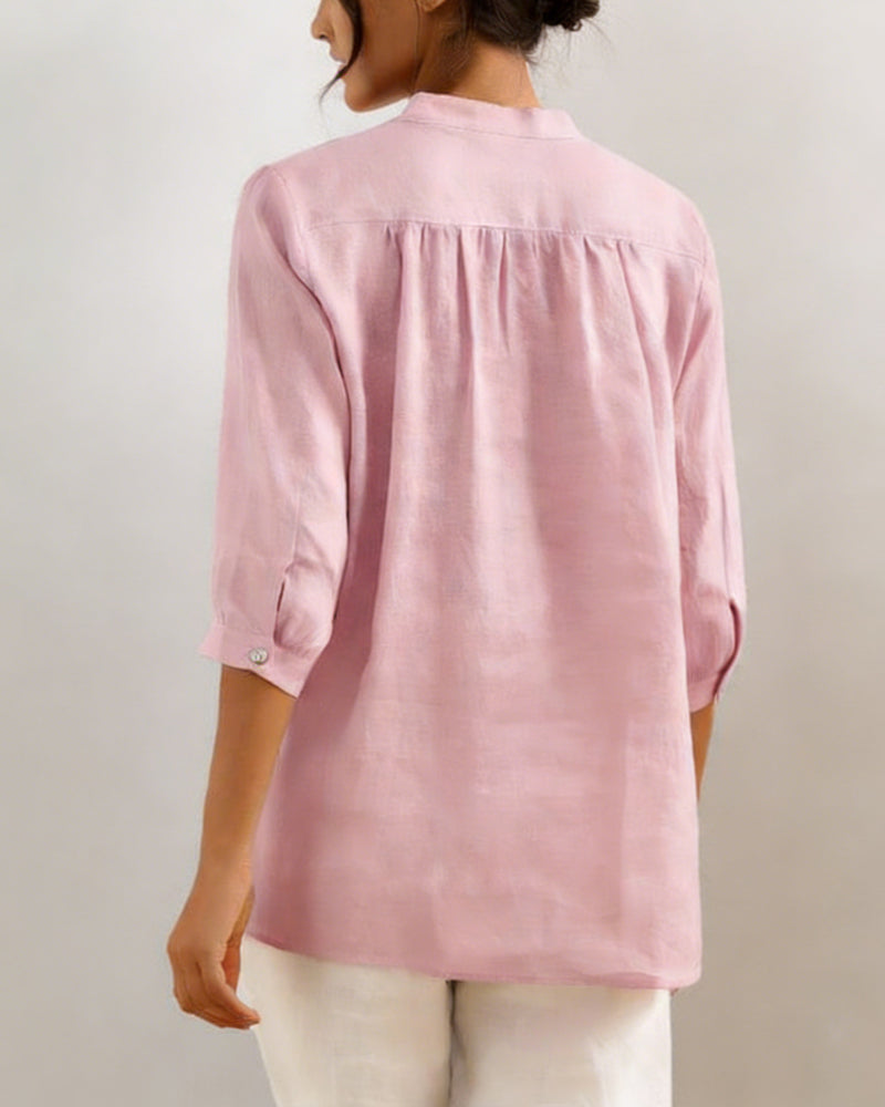 Camicetta casual in cotone tinta unita con scollo a V
