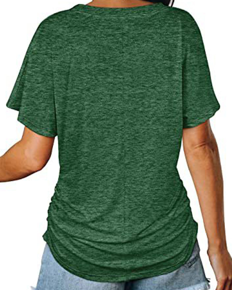 T-shirt Plissé Monocromatico con Scollo a V