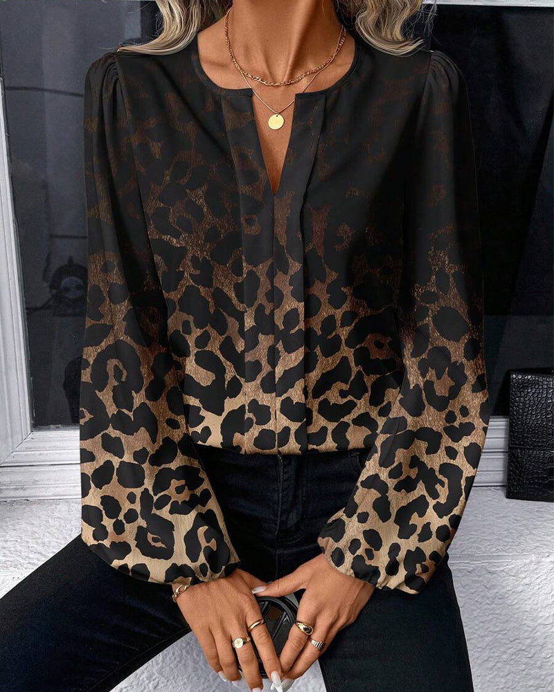 Camicia maniche a sbuffo sfumata stampa leopardata