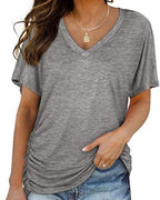 T-shirt Plissé Monocromatico con Scollo a V