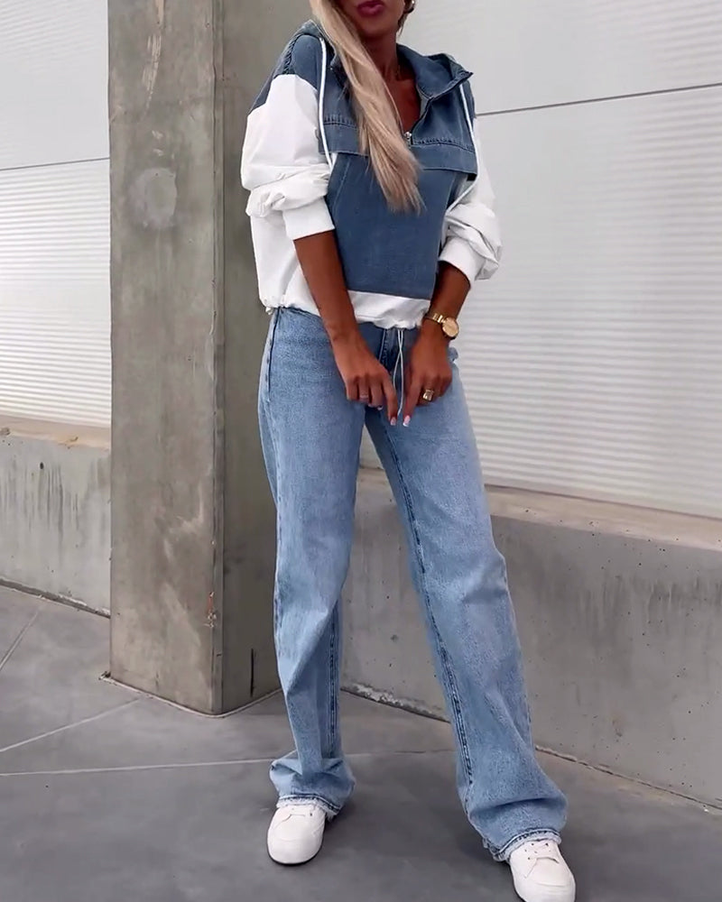Felpa con cappuccio e zip in denim patchwork casual