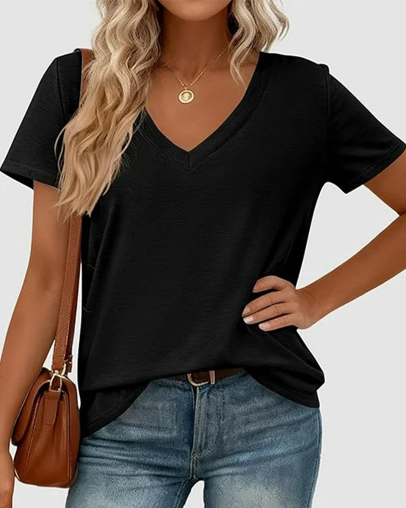 T-shirt pullover scollo a V a tinta unita