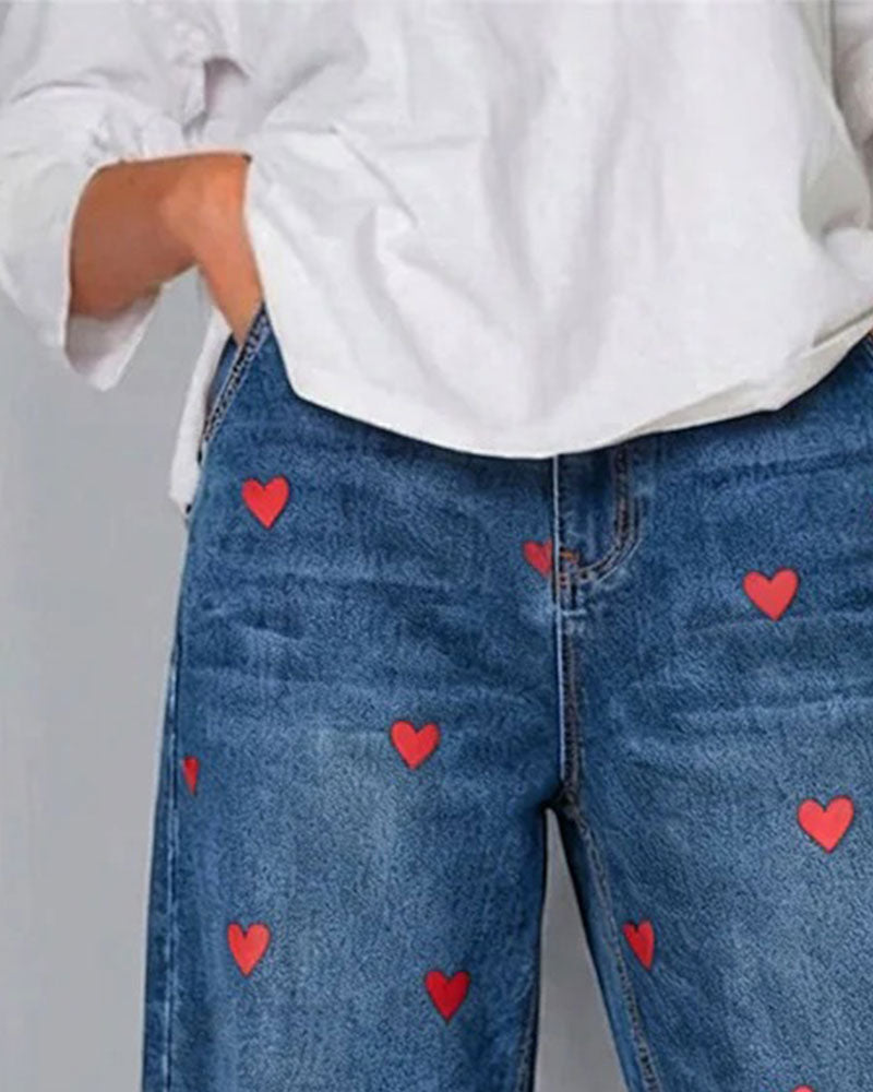 Pantaloni Caviglia Denim con Stampa Cuore