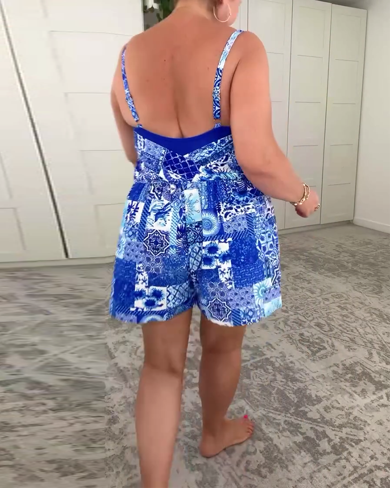 Costume da bagno intero scollato a V stampato conservativo