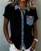 T-Shirt Denim Patchwork con Risvolto