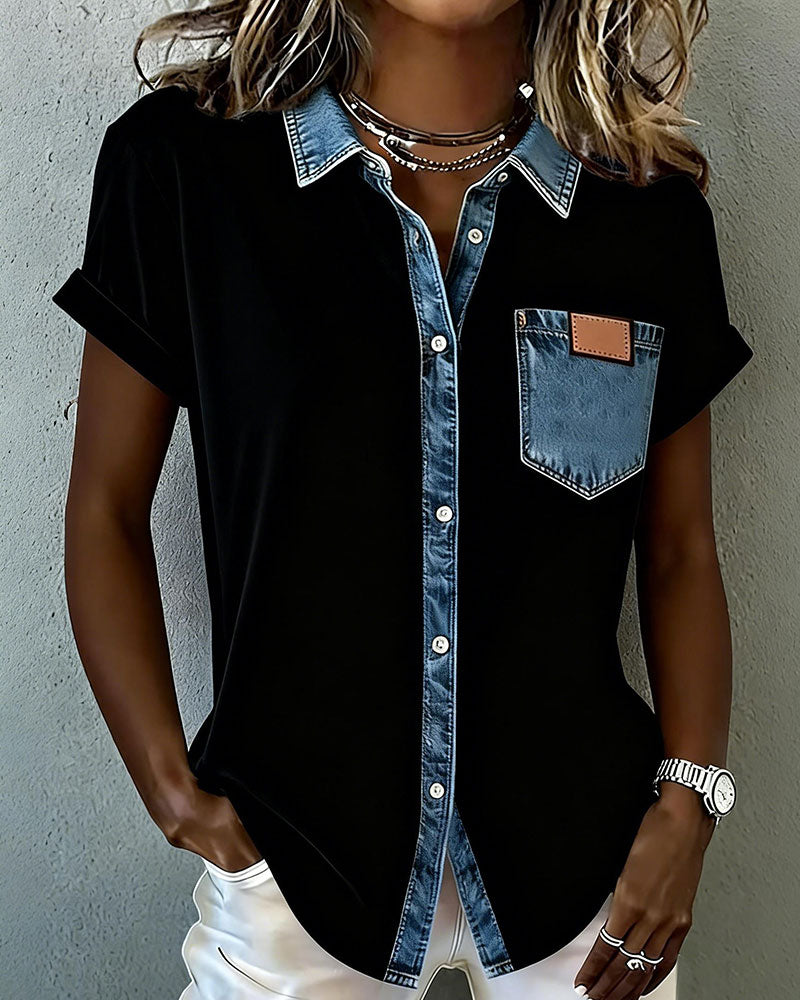 T-Shirt Denim Patchwork con Risvolto