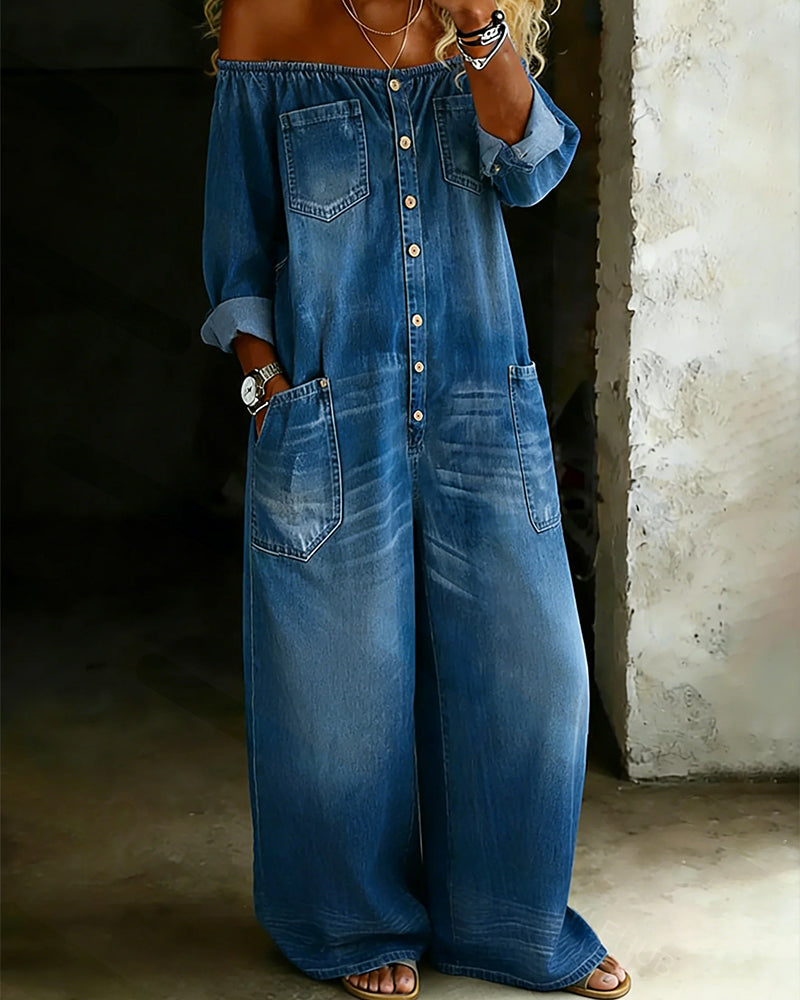 Tuta Off-Shoulder in Denim con Gamba Larga