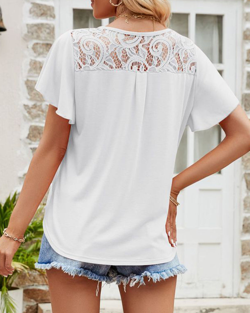 Top a maniche corte in tinta unita con cuciture in pizzo e mesh
