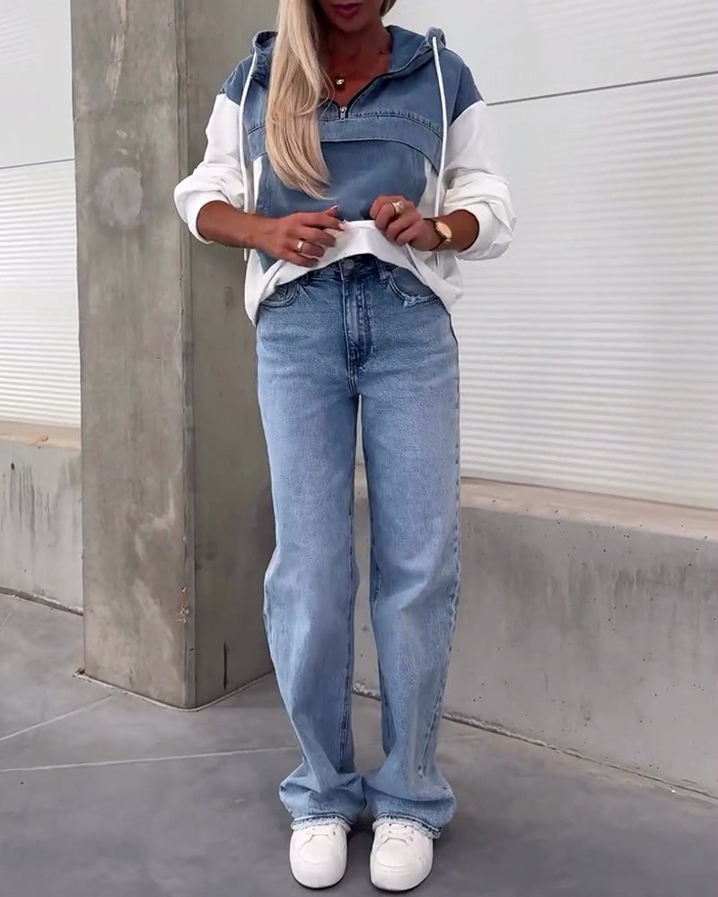 Felpa con cappuccio e zip in denim patchwork casual