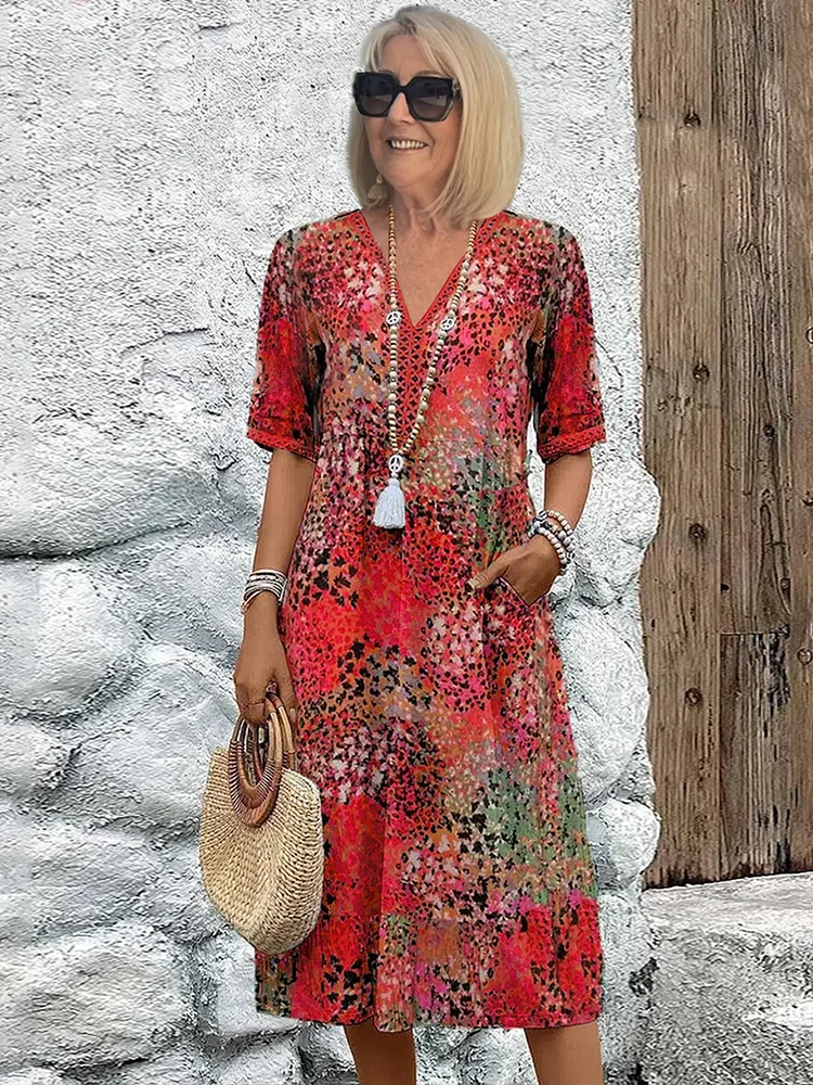 Vestito Midi Stampato da Donna - Stile Bohémien Elegante