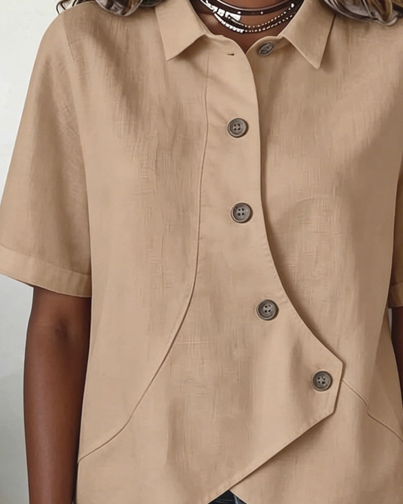 Camicia con Patta in Cotone-lino Asimmetrica abbottonata