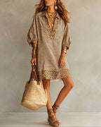 Vestito con Pannello Stampa Leopardata Manica a Sbuffo Camicia a Righe