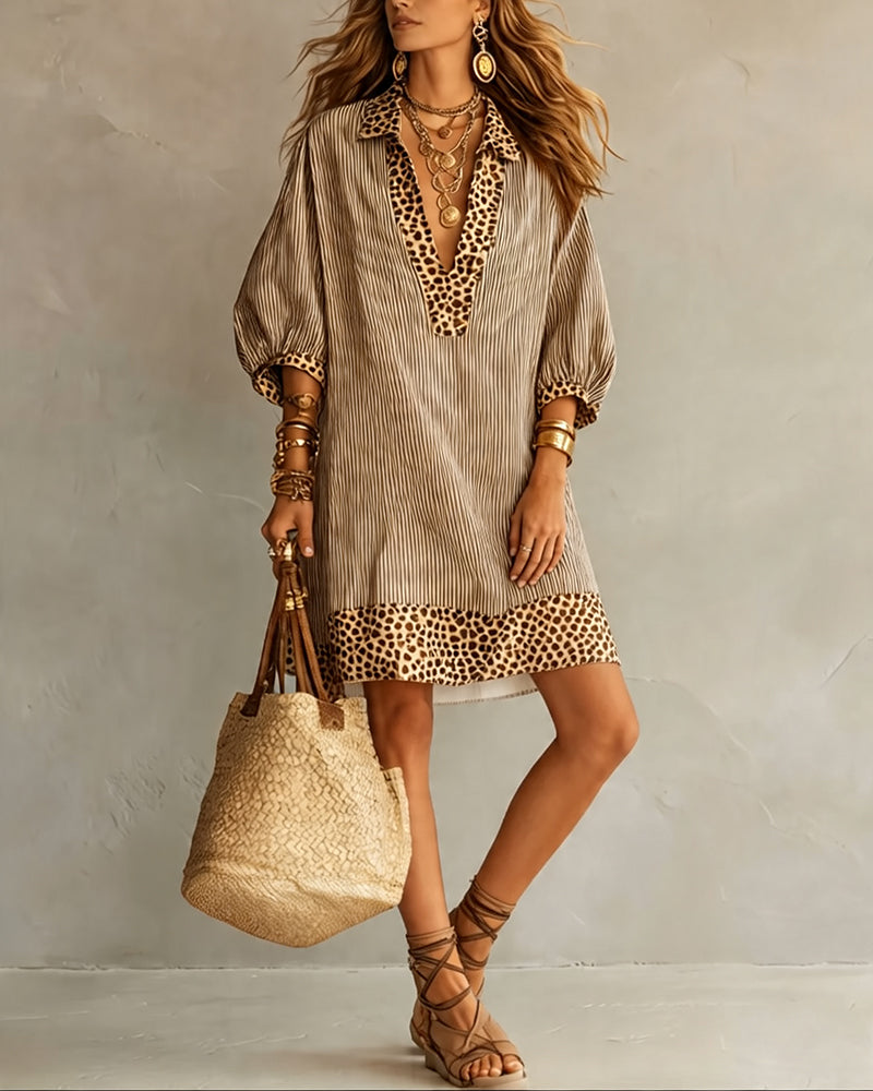 Vestito con Pannello Stampa Leopardata Manica a Sbuffo Camicia a Righe