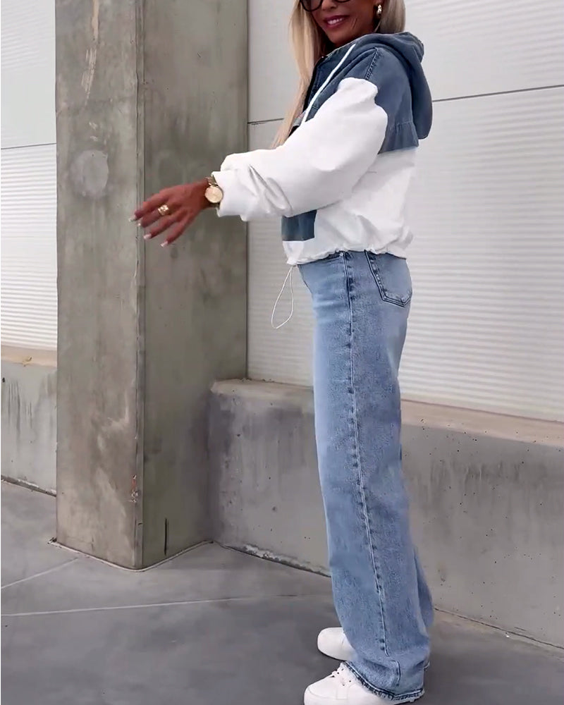 Felpa con cappuccio e zip in denim patchwork casual
