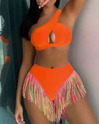 Costume bikini da donna tinta unita con frange decorative