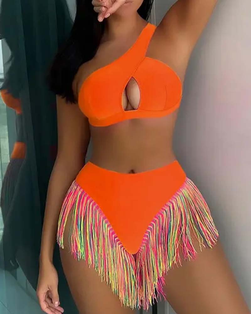 Costume bikini da donna tinta unita con frange decorative