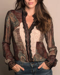 Camicia stampata retrò patchwork a maniche lunghe