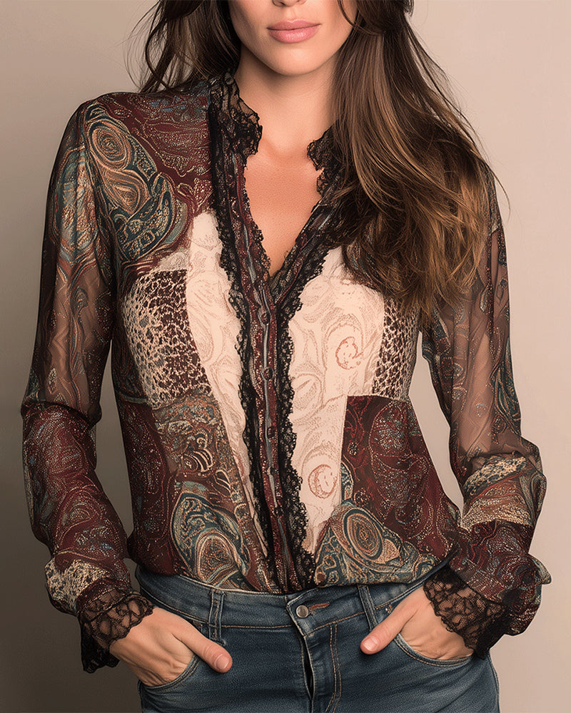 Camicia stampata retrò patchwork a maniche lunghe