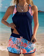 Tankini Senza Maniche Canotta Stampata Pantaloncini