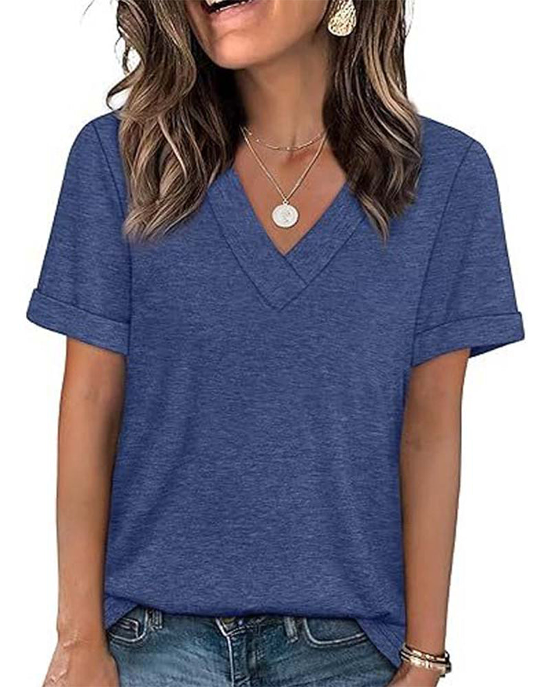 T-shirt a tinta unita con scollo a V casual a maniche corte