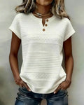 T-Shirt Maniche Corte con Scollo a V Abbottonato con Motivo a Cavo