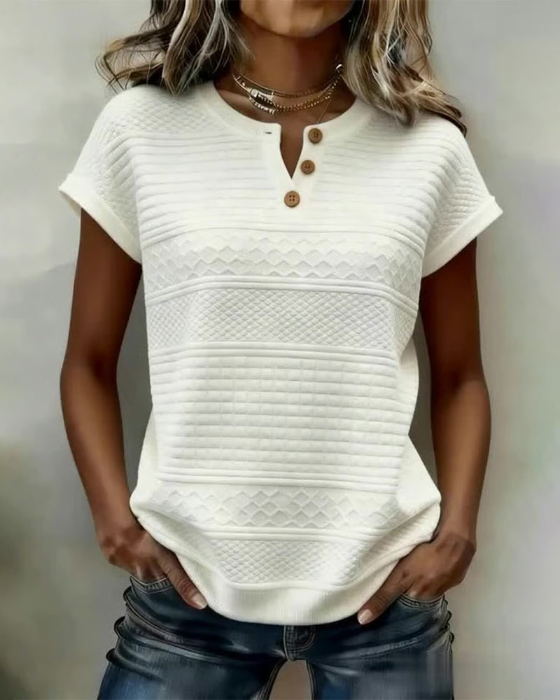 T-Shirt Maniche Corte con Scollo a V Abbottonato con Motivo a Cavo