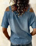 Camicetta a spalla scoperta in denim con bretelle