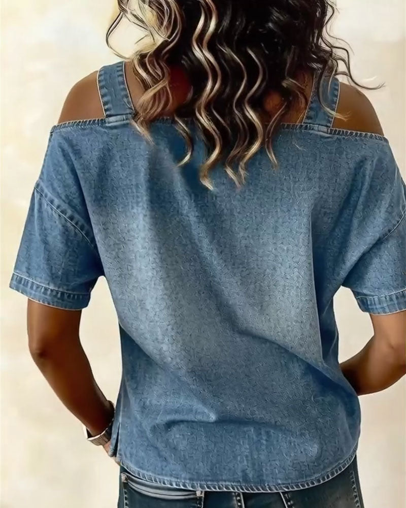 Camicetta a spalla scoperta in denim con bretelle