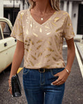 T-Shirt con scollo a V stampa foglie casual