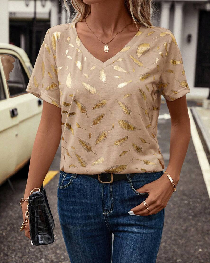 T-Shirt con scollo a V stampa foglie casual