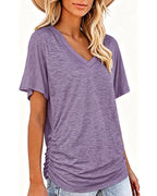 T-shirt Plissé Monocromatico con Scollo a V