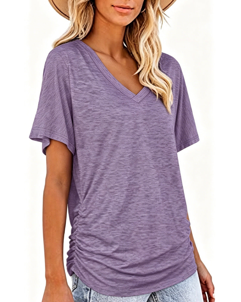 T-shirt Plissé Monocromatico con Scollo a V