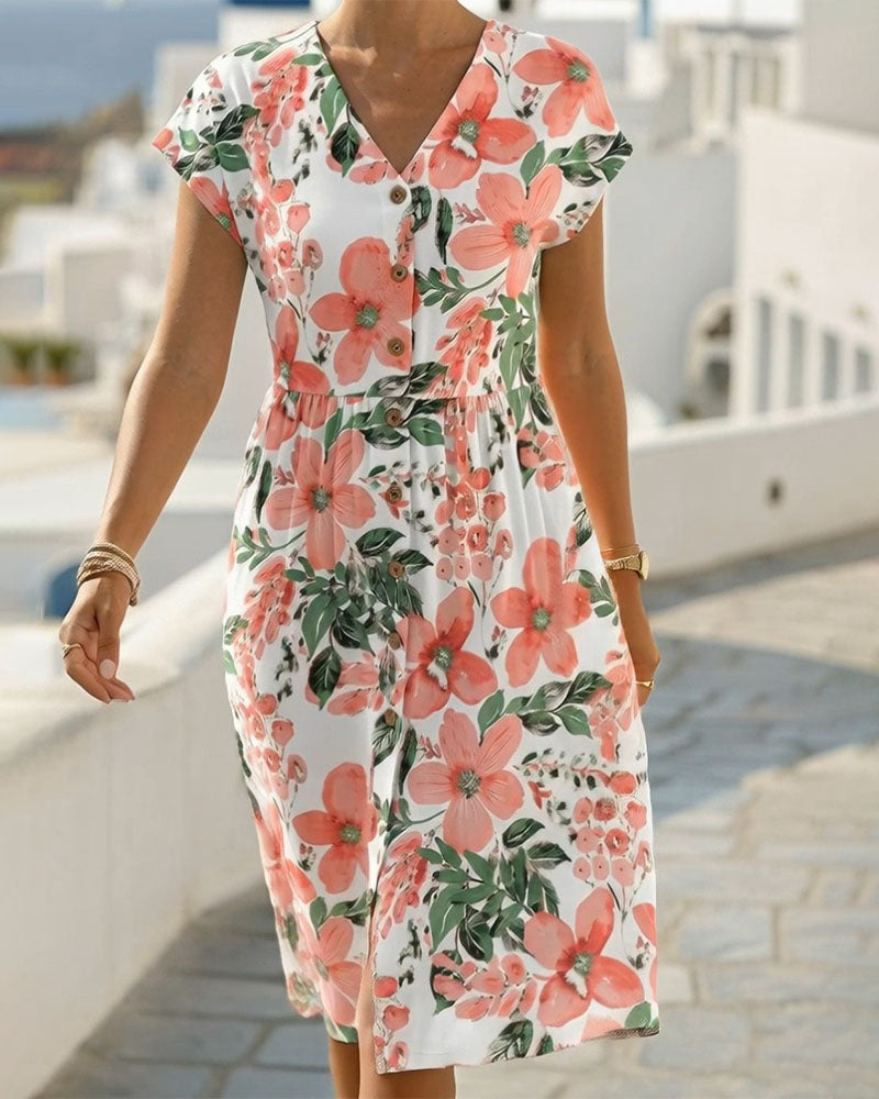 Vestito Stampa Floreale Scollo a V Maniche Corte