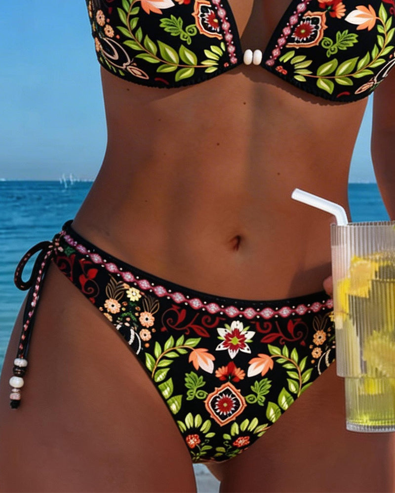 Costume da bagno bikini due pezzi con nodo al collo, fantasia floreale etnica