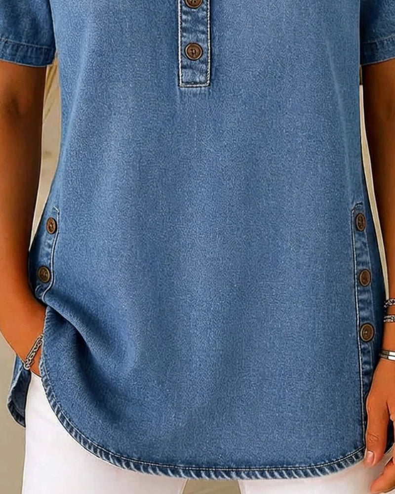 Top Denim Abottonato Davanti a Maniche Corte
