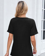 T-shirt a tinta unita con scollo a V casual a maniche corte