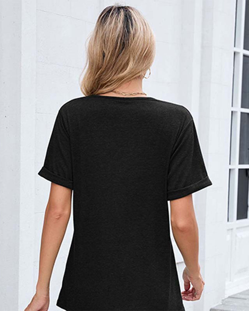 T-shirt a tinta unita con scollo a V casual a maniche corte