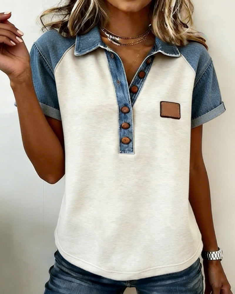 T-Shirt Denim Colore Blocco Manica Corta