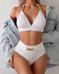 Bikini a Vita Alta Sexy con Scollo a V Profondo e Catena