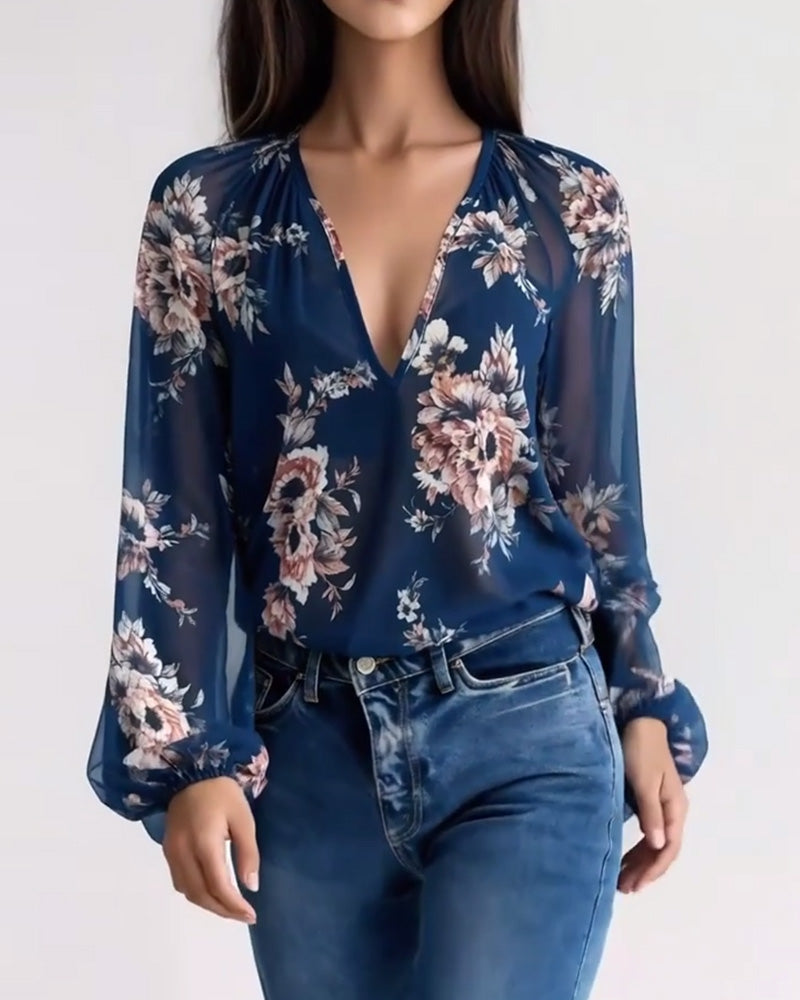 Blusa stampata di tendenza con scollo a V e maniche lunghe