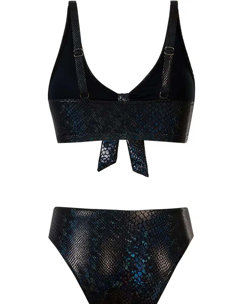 Bikini stampa serpente con laccetti, vita alta, triangolo