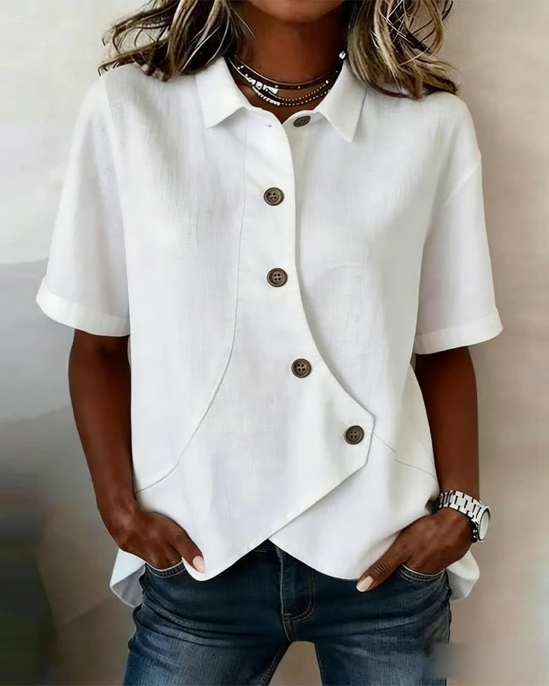 Camicia con Patta in Cotone-lino Asimmetrica abbottonata