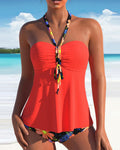 Costume da bagno tankini scollato sulla schiena a pieghe con stampa floreale