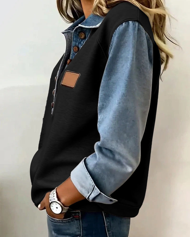Elegante felpa con patchwork in denim a maniche lunghe