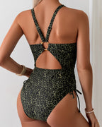 Costume da Bagno Sexy Intero con Stampa Leopardata e Scollo all'Americana