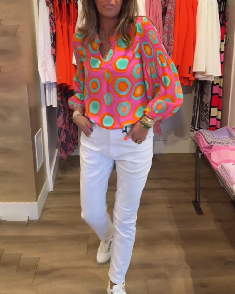 Blusa casual a maniche lunghe con stampa geometrica