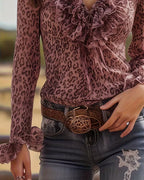 Camicetta con Volant con Scollo a V Stampa Leopardo