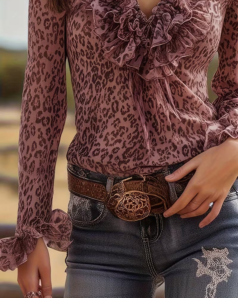Camicetta con Volant con Scollo a V Stampa Leopardo